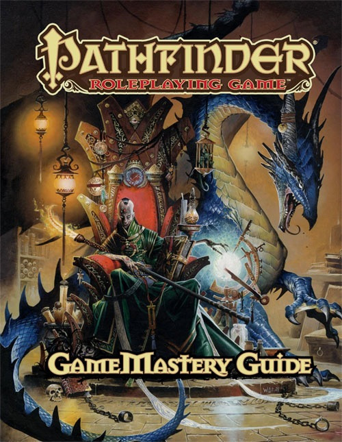 Pathfinder Roleplaying Game: GameMastery Guide (OGL) PDF shows a green-robed human wizard seated on an intimidating throne in a magical chamber, while a large blue dragon crouches behind him.