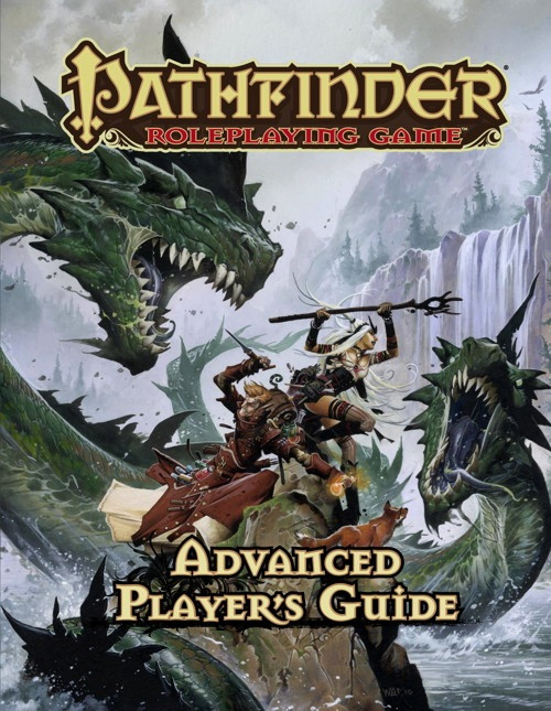 Pathfinder Roleplaying Game: Advanced Player's Guide (OGL) Hardcover shows desperate heroes standing atop a rugged rock in a remote mountain lake as an immense two-headed green serpentine dragon rises up all around them to attack. In the background a majestic waterfall and cloudy skies loom.