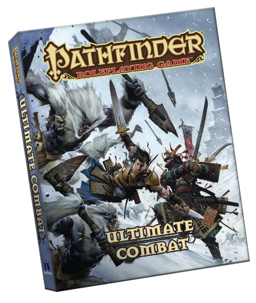 Pathfinder Roleplaying Game: Ultimate Combat (PFRPG) Pocket Edition shows a human fighter with a sword and a heavily armored human samurai teaming up on a snowy mountainside to fight against several spear-wielding yetis.