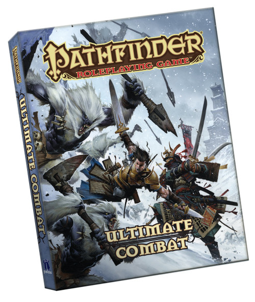 Pathfinder Roleplaying Game: Ultimate Combat (PFRPG) Pocket Edition shows a human fighter with a sword and a heavily armored human samurai teaming up on a snowy mountainside to fight against several spear-wielding yetis.