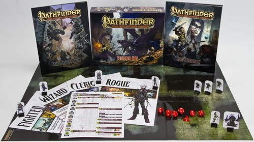 Pathfinder Roleplaying Game: Beginner Box PDF shows all of the components in the beginner box, including the player’s book and gamemaster’s book, four character sheets, several pawns featuring different characters, a set of red dice, and a large fold-out map.