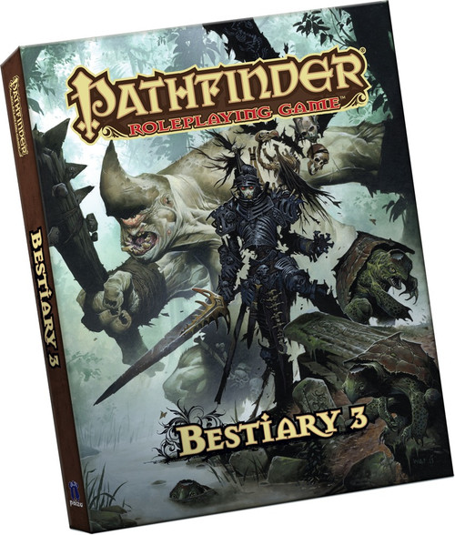 Pathfinder Roleplaying Game: Bestiary 3 (PFRPG) Pocket Edition product image has a cover featuring an enormous one-eyed giant with a club, an undead knight in black armor, and several turtle-like humanoid creatures standing in a spooky, misty swamp.