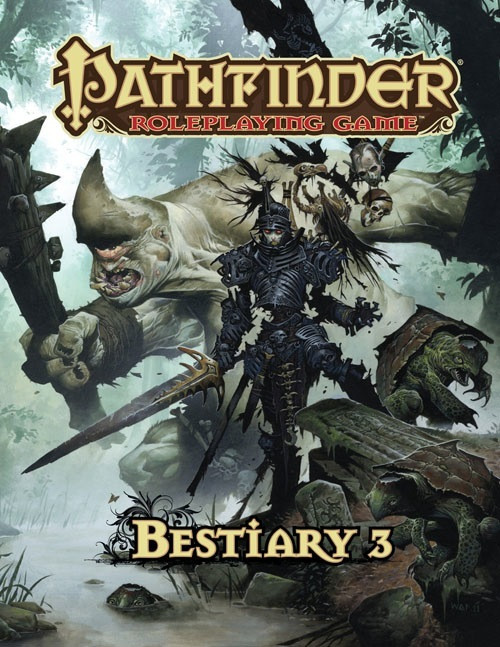 Pathfinder Roleplaying Game: Bestiary 3 (OGL) PDF product image has a cover featuring an enormous one-eyed giant with a club, an undead knight in black armor, and several turtle-like humanoid creatures standing in a spooky, misty swamp.