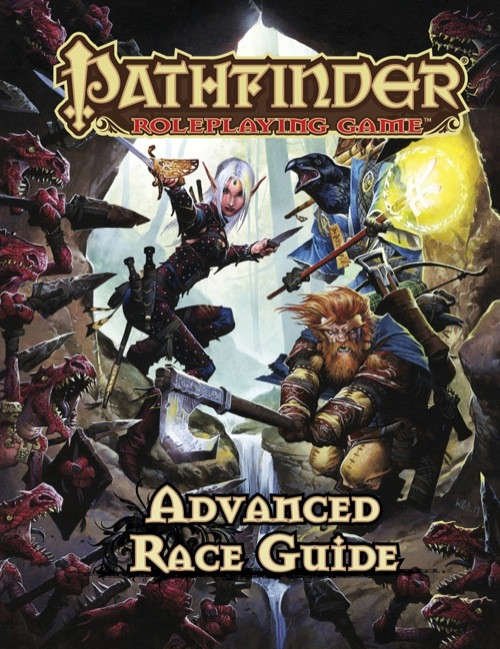 Pathfinder Roleplaying Game: Advanced Race Guide (OGL) Hardcover shows four adventurers—an elf rogue, a tengu oracle, a dwarf ranger entering a reptilian kobold-filled cavern in a misty forest.