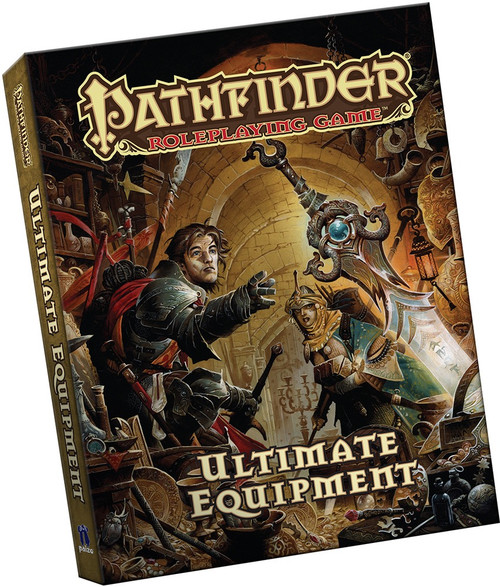 Pathfinder Roleplaying Game: Ultimate Equipment (PFRPG) Pocket Edition product image shows some adventurers, one intrigued and one wary, in an underground treasure chamber; the intrigued adventurer is reaching forward to grab a magic sword.