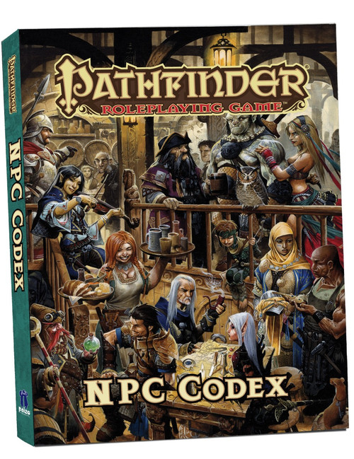 Pathfinder Roleplaying Game: NPC Codex Pocket Edition shows a crowded tavern with several adventurers, servers, mercenaries, and shady characters all gathered together in a bustling scene.
