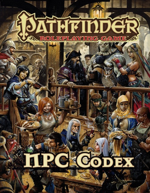 Pathfinder Roleplaying Game: NPC Codex (OGL) PDF shows a crowded tavern with several adventurers, servers, mercenaries, and shady characters all gathered together in a bustling scene.