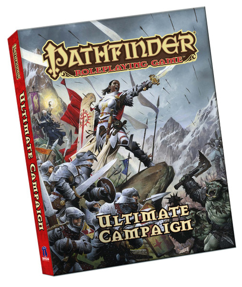 Pathfinder Roleplaying Game: Ultimate Campaign Pocket Edition shows a heroic human champion with a sword standing prominently at the head of an army clashing against their enemies in the mountains.