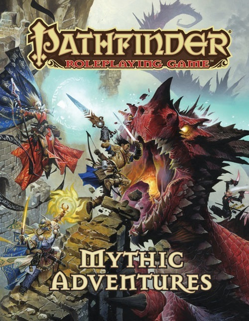 Pathfinder Roleplaying Game: Mythic Adventures (OGL) Hardcover; product image depicts powerful and heroic adventurers attacking an immense dragon in a rugged badland on a cloudy day.