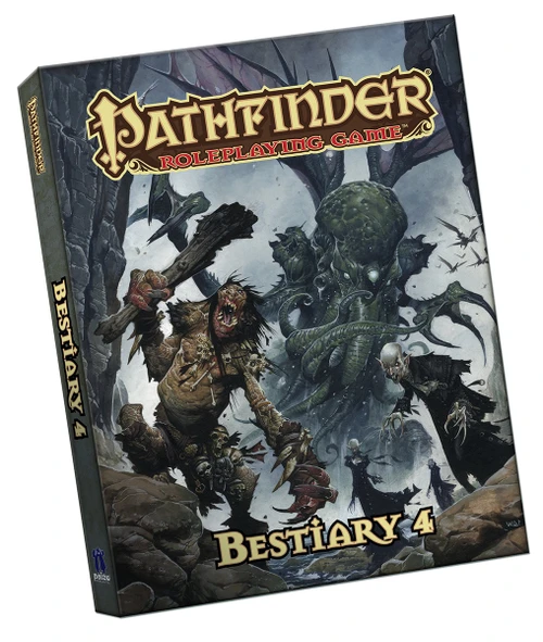 Pathfinder Roleplaying Game: Bestiary 4 (PFRPG) Pocket Edition shows several fanged bald vampires, a lumbering ogre-like giant with a club, and the looming presence of an enormous octopus-faced winged giant standing in menacing poses amid several creepy carved stones on an overcast day.