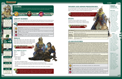 Pathfinder Roleplaying Game: Strategy Guide (OGL) Hardcover shows a sample pair of pages explaining the cleric class in an easy to reference layout with several illustrations, including one of a human cleric, and another of the same cleric healing a wounded person with her magic.