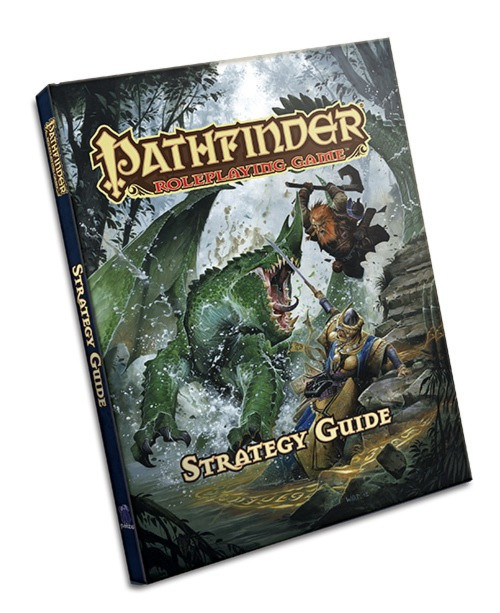 Pathfinder Roleplaying Game: Strategy Guide (OGL) Hardcover product image shows a pair of adventurers in a misty forest fighting against a large horned green dragon.