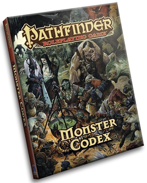 Pathfinder Roleplaying Game: Monster Codex (OGL) Hardcover product image shows a large group of different kinds of monsters gathered for a sinister meeting in a large cavern.