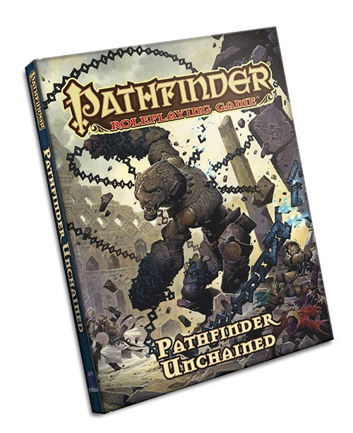 Pathfinder Roleplaying Game: Pathfinder Unchained (OGL) Hardcover product image shows a towering animated stone statue with a lion head wielding a long chain as a weapon to attack a group of heroes in a desert ruin.