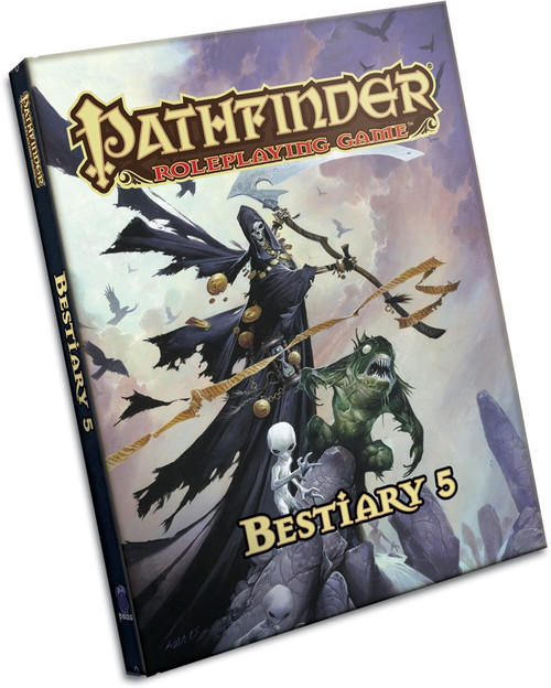 Pathfinder Roleplaying Game: Bestiary 5 (OGL) Hardcover product image shows several gray aliens, a toothy fishman monster, and the grim reaper gathered around and atop carved rocks under an overcast sky.