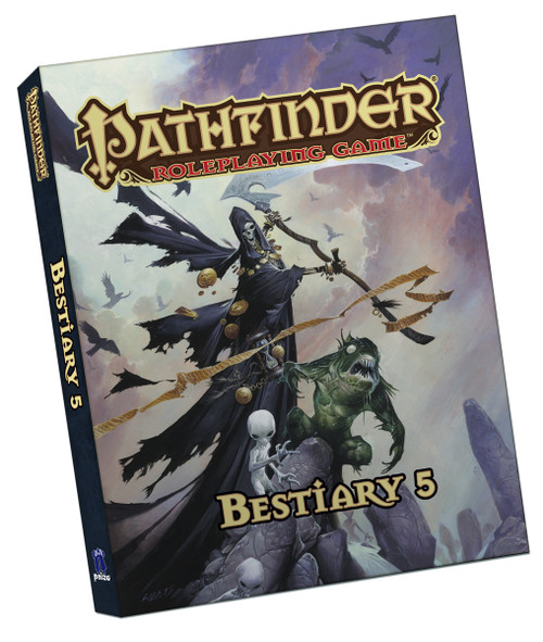 Pathfinder Roleplaying Game: Bestiary 5 (PFRPG) Pocket Edition product image shows several gray aliens, a toothy fishman monster, and the grim reaper gathered around and atop carved rocks under an overcast sky.