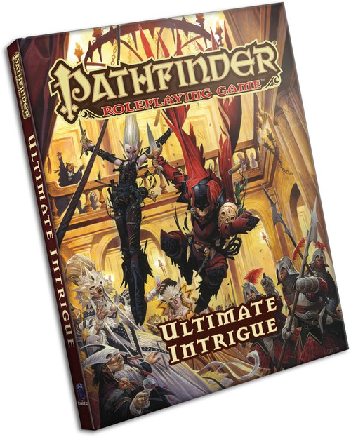 Pathfinder Roleplaying Game: Ultimate Intrigue (PFRPG) Hardcover product image shows an action scene of a knife-wielding elf rogue and a human vigilante with a red cloak leaping down from a chandelier into a crowded masked ballroom gala.