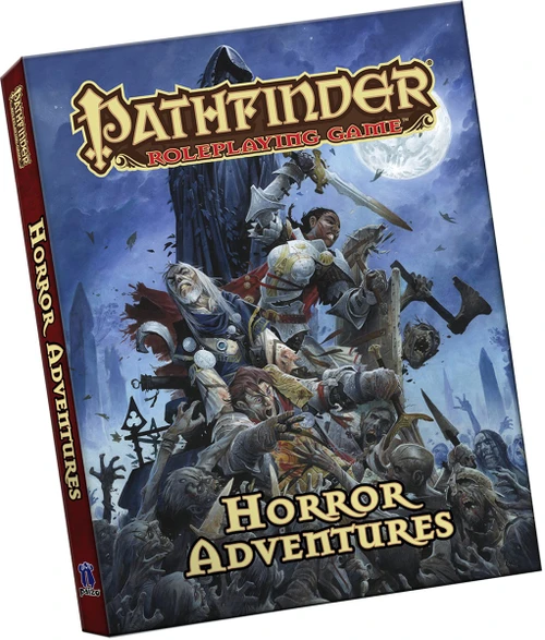 Pathfinder Roleplaying Game: Horror Adventures Pocket Edition product image shows a trio of human adventurers with their backs against a monolith in a graveyard, fighting for survival against an overwhelming mass of undead monsters under a moonlit night sky.