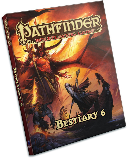 Pathfinder Roleplaying Game: Bestiary 6 (PFRPG) Hardcover product image shows a looming devil, a creepy fiendish ferryman in a skiff, and a goat demon with a burning sword standing on the banks of a river in a fiery hellscape.
