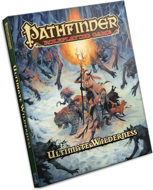Pathfinder Roleplaying Game: Ultimate Wilderness product image shows a group of heroes gathered in a desperate circle in a snowy forest clearing as several crouching werewolves surrounding them prepare to attack.