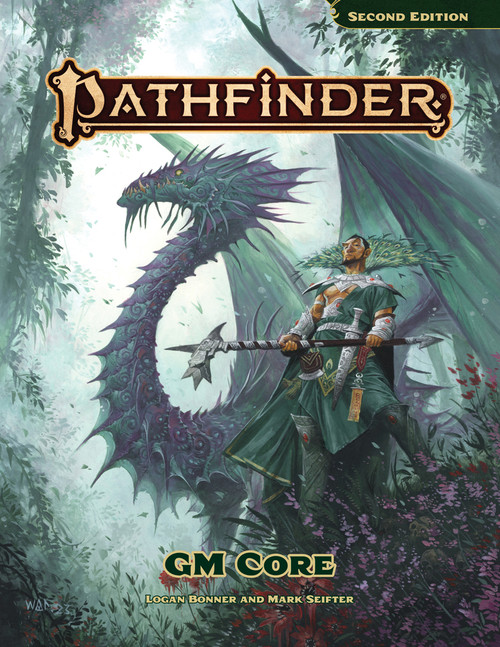 Pathfinder GM Core, by Logan Bonner and Mark Seifter. In a forlorn garden, a wicked villain poses with his majestic mirage dragon. 
