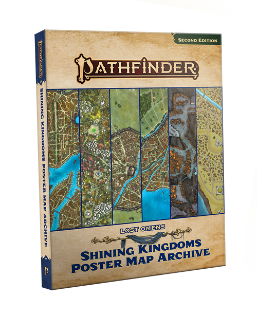 Pathfinder Lost Omens Shining Kingdoms Poster Map Archive book image. The cover features six slices of the maps of crowded metropolitan areas contained within.