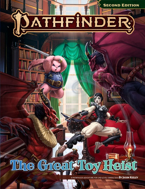 Pathfinder Free RPG Day Adventure: The Great Toy Heist cover depicting a fight between two creatures with horns and wings facing a fluffy pink bunny leaping into the fray with a big sword overhead and a painted doll shooting a small crossbow. Underneath the title, it reads "a Pathfinder adventure for 2nd-level characters by Jason Keeley."
