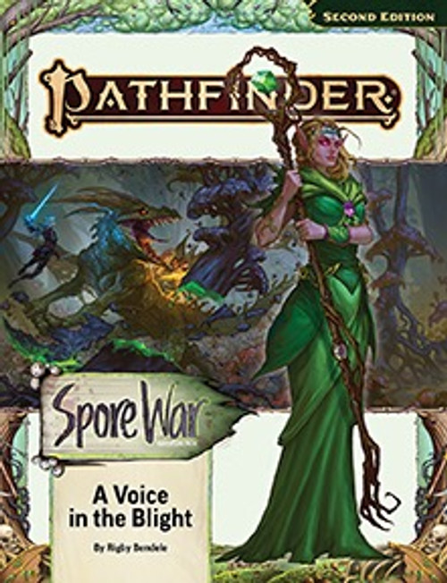 Pathfinder Adventure Path #212: A Voice in the Blight (Spore War 3 of 3) by Rigby Bendele. A woman in a green dress holds a staff in the foreground while battle rages against a fearsome beast in the background.