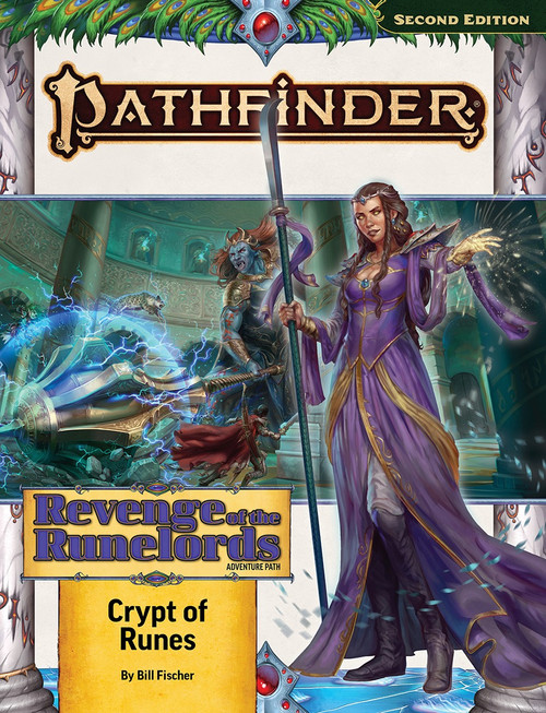 Pathfinder Adventure Path #220: Crypt of Runes (Revenge of the Runelords 2 of 3) by Bill Fischer. A woman in a purple dress holds a glaive in one hand and casts a spell with another. In the background, a blue-skinned giant with golden armor and an enormous mace fights warriors and a snow leopard in a palatial hall.