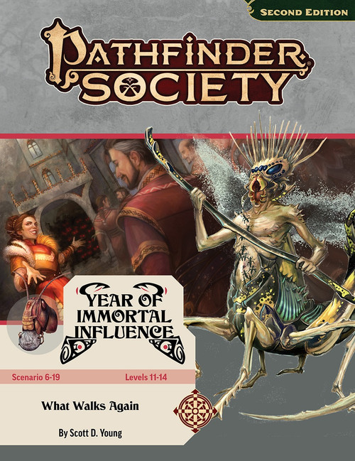 Pathfinder Society Scenario 6-19 (Pathfinder 2e Remaster) Year of Immortal Influence Level 11-14 What Walks Again by Scott D. Young; a semi-humanoid locust monster with a humanoid torso but the head and body of an insect, swarmed by thousands of its fellow bugs, weilds a black scythe in front of the scene of a noblewoman welcoming visitors into her home.