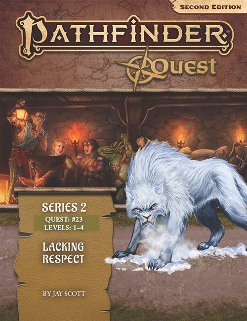 Pathfinder Quest (Series 2) 23 (Pathfinder 2e) Lacking Respect by Jay Scott for Levels 1-4; an intimidating white wolf with frost on its breath and snow pooling at its paws glares out over a scene of several young adventurers examining their loot in a tunnel.