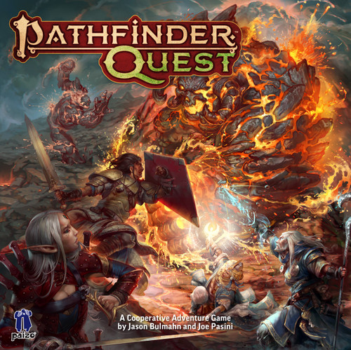 The cover art for Pathfinder Quest, a cooperative adventure game by Jason Bulmahn and Joe Pasini. It features art of our four heroes, Kyra, Valeros, Merisiel, and Ezren, locked in dynamic combat with a monster made entirely of vivid and shifting magma.