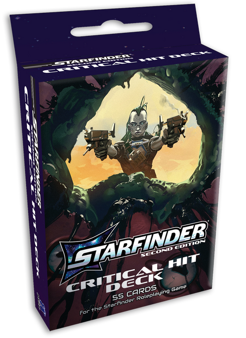 A 3D image of the Starfinder Second Edition Critical Hit Deck with art featuring an android falling backwards while holding dual wielding pistols out and ready to fire.