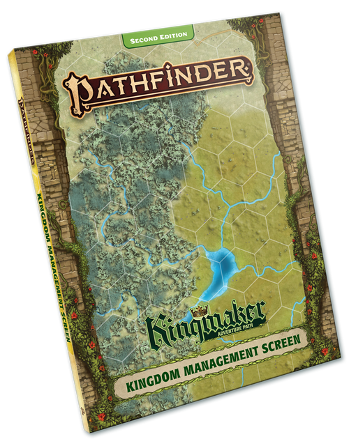 Pathfinder Kingmaker Kingdom Management Screen (P2) depicting a hexagonal grid tactical terrain map including forests, plains, a lake, and several rivers.