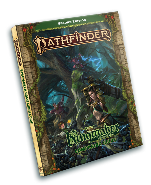 Pathfinder Kingmaker Companion Guide (P2) cover depicting a woman brandishing an enormous sword overhead while beset upon by blue kobolds. Other warriors join the battle in the forest behind her.