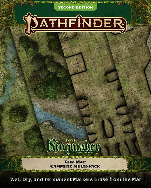 Pathfinder Flip-Mat: Kingmaker Adventure Path Campsite Multi-Pack product image shows sections from the four maps included within, including a sprawling goblin encampment spread over two maps, a hidden forest hideout, and a simple clearing in the woods perfect for a camp or an ambush; wet, dry, and permanent markers erase from the mat.