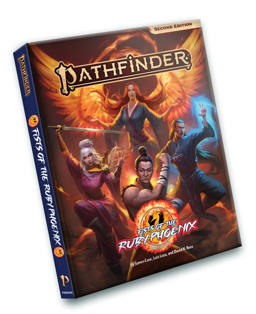 Pathfinder Adventure Path: Fists of the Ruby Phoenix Hardcover by James Case, Luis Loza, and David N. Ross. Three people strike heroic poses, one with a sword, one with their fists, and one with magic. Behind them all is a woman with immense orange wings.