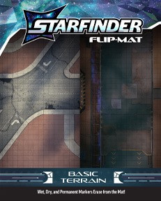 Starfinder Flip-Mat: Basic Terrain. Cover illustration features a juxtaposition of the two included map faces, an open interior of a futuristic space station and the open streets of a concrete urban sprawl.