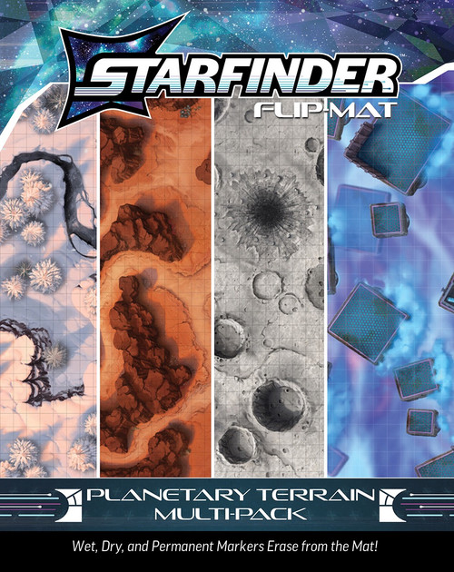 Starfinder Flip-Mat: Planetary Terrain Multi-Pack. Cover depicts a juxtaposition of the four included maps, a winter forest, a red desert, a cratered lunar surface, and a brilliant blue and purple gas giant.