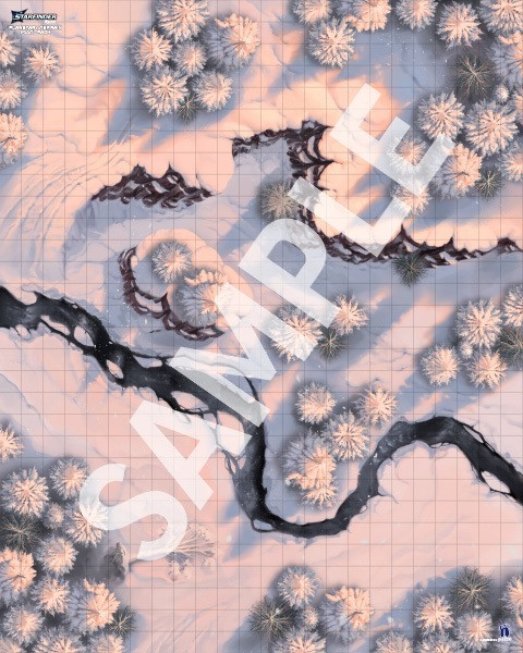 Starfinder Flip-Mat: Planetary Terrain Multi-Pack. Sample map of a winter forest.