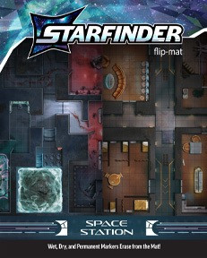 Starfinder Flip-Mat: Space Station. Cover illustration depicts a juxtaposition of the two included map sides: A space station interior and a grim abandoned research outpost. 