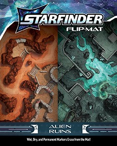 Starfinder Flip-Mat: Alien Ruins. Cover depicts a juxtaposition of the two included map sides: A shifting maze of high stone walls and the interior of a dark cavern filled with semi-active remains of the original alien inhabitants!