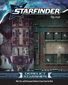 Starfinder Flip-Mat: Derelict Starships. Cover depicts a juxtaposition of the two included map sides: A long-abandoned adventurers' starship and the shorn-off section of a hulking warship.