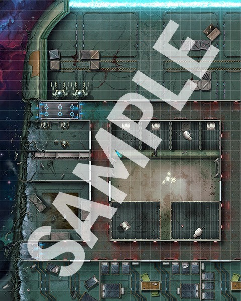 Starfinder Flip-Mat: Derelict Starships. Sample map depicting  the shorn-off section of a hulking warship.