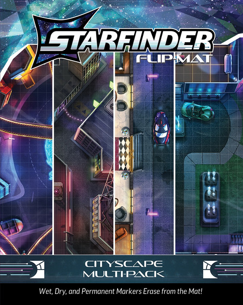 Starfinder Flip-Mat: CityScape Multi-Pack. Four overlayed maps, each featuring a different futuristic city scene.