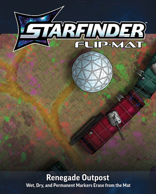 Starfinder Flip-Mat: Renegade Outpost. A map featuring a geodesic dome and prefabricated buildings with turrets on them.