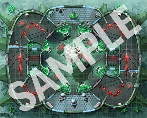 Starfinder Flip-Mat: Imperial Bases. A map of a strange, curved base with red veins of light around the perimeter and glowing green elements.