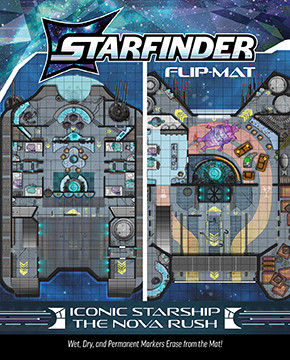 An image of the Starfinder Flip-Mat: Iconic Starship—The Nova Rush, featuring the Starfinder logo at the top, the product name at the bottom, and art of part of the maps included in the center.