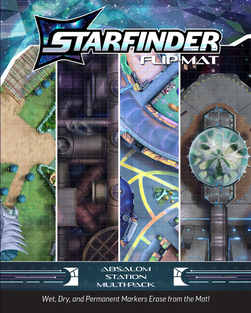 An image of the Starfinder Flip-Mat: Absalom Station Multi-Pack with the Starfinder logo on top, the product name on the bottom, and a four slice glimpse of each included map in the center.