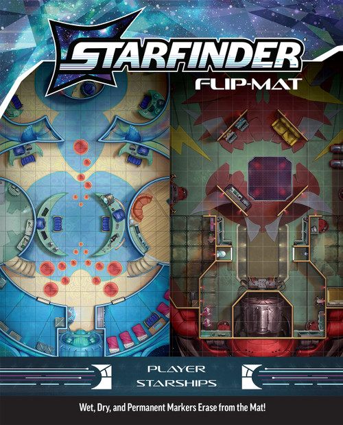 An image of the Starfinder Flip-Mat: Player Starship with the Starfinder logo on top, the product name on the bottom, and a glimpse of one of the included maps in the center.